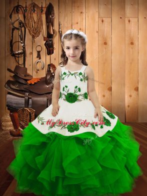 Green Lace Up Straps Embroidery and Ruffles Pageant Gowns Tulle Sleeveless