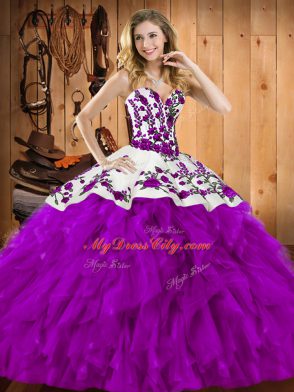 Floor Length Lace Up Quinceanera Gown Eggplant Purple for Military Ball and Sweet 16 and Quinceanera with Embroidery and Ruffles