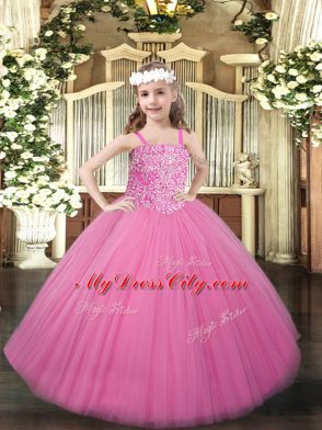 Customized Floor Length Ball Gowns Sleeveless Rose Pink Girls Pageant Dresses Lace Up