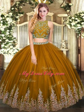Low Price Floor Length Brown Vestidos de Quinceanera Tulle Sleeveless Beading and Appliques