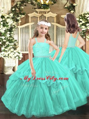 Perfect Ball Gowns Pageant Gowns For Girls Turquoise Straps Organza Sleeveless Floor Length Zipper