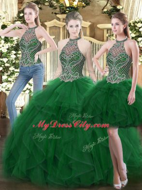 Floor Length Dark Green Quinceanera Gowns Organza Sleeveless Beading and Ruffles