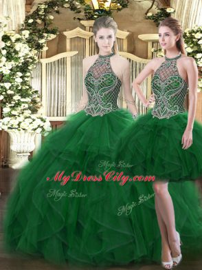 Floor Length Dark Green Quinceanera Gowns Organza Sleeveless Beading and Ruffles