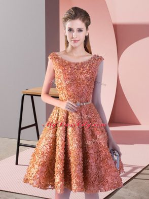 Sleeveless Knee Length Belt Lace Up Dress for Prom with Rust Red