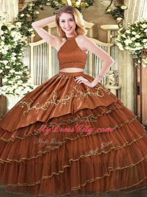 Ball Gowns Sweet 16 Dresses Brown Halter Top Organza Sleeveless Floor Length Backless