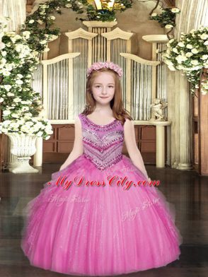 Luxurious Floor Length Rose Pink Little Girl Pageant Dress Tulle Sleeveless Beading and Ruffles