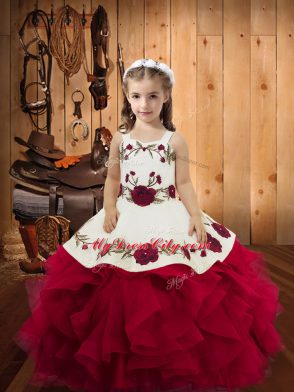 Great Straps Sleeveless Tulle Child Pageant Dress Embroidery and Ruffles Lace Up