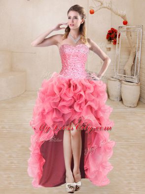 Organza Sweetheart Sleeveless Lace Up Beading and Ruffles Prom Evening Gown in Watermelon Red