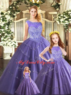 Lavender Lace Up Scoop Beading Quinceanera Gowns Tulle Sleeveless