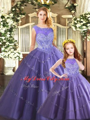 Lavender Lace Up Scoop Beading Quinceanera Gowns Tulle Sleeveless