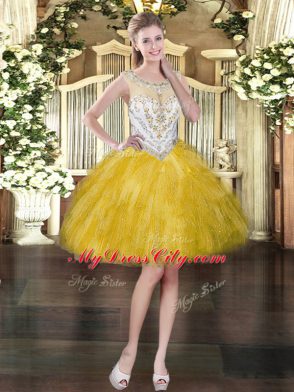 Gold Zipper Prom Evening Gown Beading and Ruffles Sleeveless Mini Length