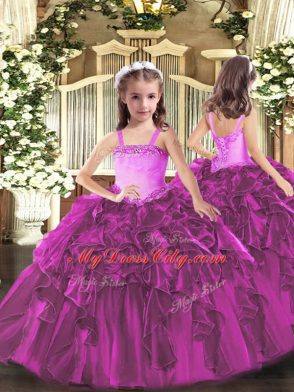 Sleeveless Organza Floor Length Lace Up Custom Made Pageant Dress in Fuchsia with Appliques and Ruffles