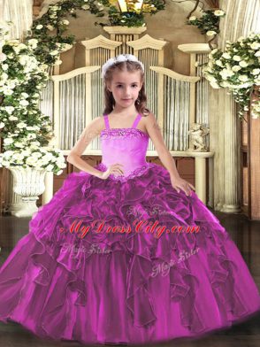 Sleeveless Organza Floor Length Lace Up Custom Made Pageant Dress in Fuchsia with Appliques and Ruffles