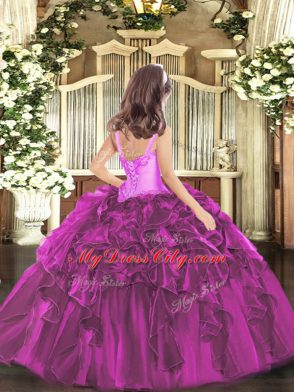 Sleeveless Organza Floor Length Lace Up Custom Made Pageant Dress in Fuchsia with Appliques and Ruffles