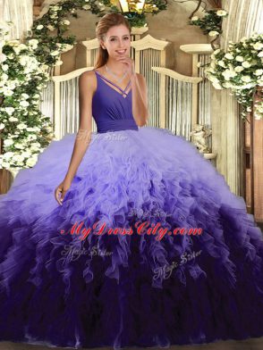Perfect Ball Gowns Sweet 16 Dress Multi-color V-neck Organza Sleeveless Floor Length Backless