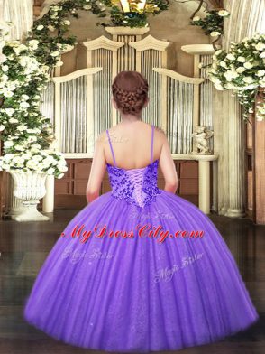 Tulle Spaghetti Straps Sleeveless Lace Up Appliques Evening Gowns in Lavender