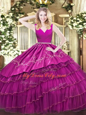 V-neck Sleeveless Satin and Organza Sweet 16 Dresses Embroidery and Ruffled Layers Zipper