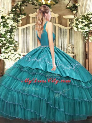 V-neck Sleeveless Satin and Organza Sweet 16 Dresses Embroidery and Ruffled Layers Zipper