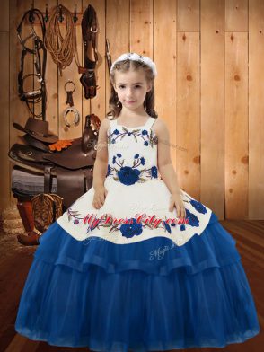 High Class Blue Straps Lace Up Embroidery and Ruffled Layers Little Girls Pageant Dress Sleeveless