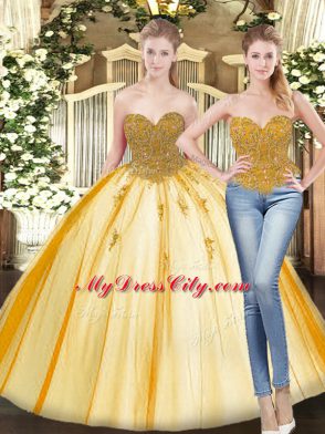 Smart Tulle Sweetheart Sleeveless Lace Up Beading and Appliques Sweet 16 Dress in Gold