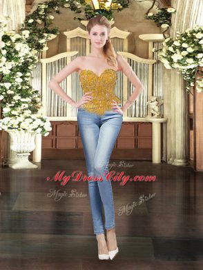 Smart Tulle Sweetheart Sleeveless Lace Up Beading and Appliques Sweet 16 Dress in Gold