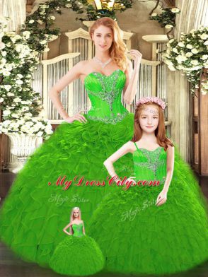 Green Tulle Lace Up Quinceanera Dresses Sleeveless Floor Length Beading and Ruffles