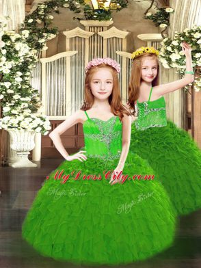 Green Tulle Lace Up Quinceanera Dresses Sleeveless Floor Length Beading and Ruffles