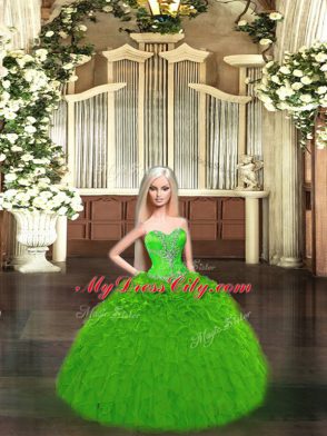 Green Tulle Lace Up Quinceanera Dresses Sleeveless Floor Length Beading and Ruffles