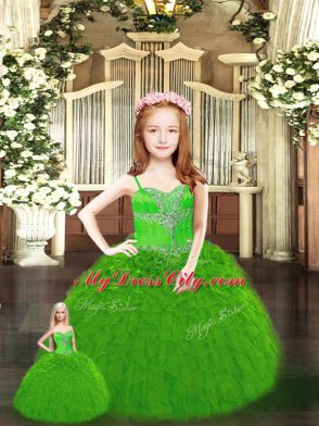 Green Tulle Lace Up Quinceanera Dresses Sleeveless Floor Length Beading and Ruffles