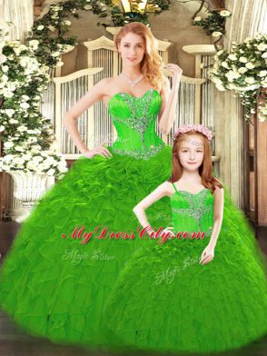 Green Tulle Lace Up Quinceanera Dresses Sleeveless Floor Length Beading and Ruffles