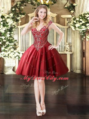 Deluxe V-neck Sleeveless Lace Up 15 Quinceanera Dress Wine Red Tulle