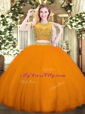 Fine Orange Red Sleeveless Beading Floor Length Quince Ball Gowns