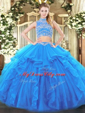 Baby Blue Two Pieces High-neck Sleeveless Tulle Floor Length Backless Beading and Ruffles Quinceanera Gown