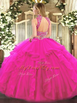 Baby Blue Two Pieces High-neck Sleeveless Tulle Floor Length Backless Beading and Ruffles Quinceanera Gown