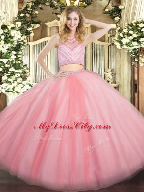 Baby Pink Tulle Zipper Quinceanera Dresses Sleeveless Floor Length Beading