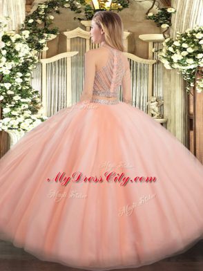 Baby Pink Tulle Zipper Quinceanera Dresses Sleeveless Floor Length Beading