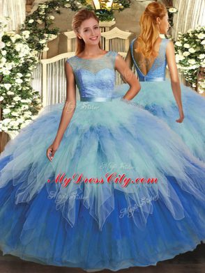 Affordable Multi-color Ball Gowns Tulle Scoop Sleeveless Ruffles Floor Length Backless Sweet 16 Dresses