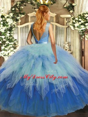 Affordable Multi-color Ball Gowns Tulle Scoop Sleeveless Ruffles Floor Length Backless Sweet 16 Dresses