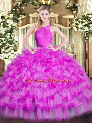 Most Popular Fuchsia Sleeveless Floor Length Ruffled Layers Zipper 15th Birthday Dress