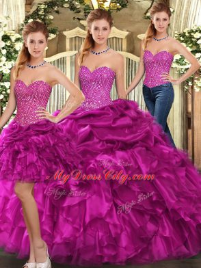 Vintage Floor Length Lace Up Quinceanera Dress Fuchsia for Military Ball and Sweet 16 and Quinceanera with Beading and Ruffles