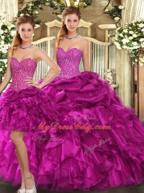 Vintage Floor Length Lace Up Quinceanera Dress Fuchsia for Military Ball and Sweet 16 and Quinceanera with Beading and Ruffles