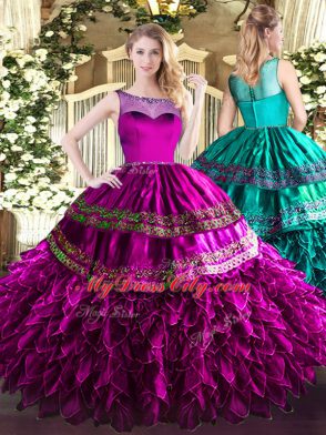 Designer Fuchsia Organza and Taffeta Zipper Sweet 16 Quinceanera Dress Sleeveless Floor Length Beading and Ruffles