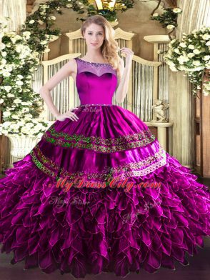 Designer Fuchsia Organza and Taffeta Zipper Sweet 16 Quinceanera Dress Sleeveless Floor Length Beading and Ruffles
