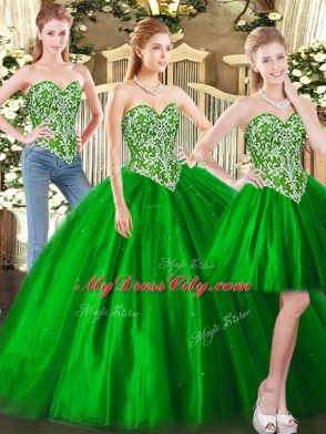 Green Ball Gowns Sweetheart Sleeveless Tulle Floor Length Lace Up Beading Quinceanera Gowns