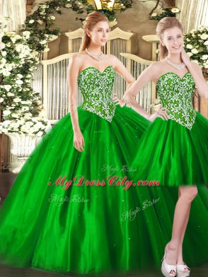 Green Ball Gowns Sweetheart Sleeveless Tulle Floor Length Lace Up Beading Quinceanera Gowns