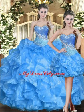 Sweetheart Sleeveless Lace Up Sweet 16 Dresses Baby Blue Organza