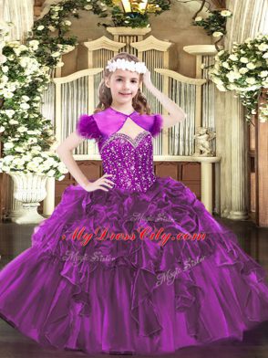 Fuchsia Straps Lace Up Beading and Ruffles Little Girls Pageant Gowns Sleeveless