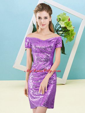 Artistic Eggplant Purple Off The Shoulder Zipper Sequins Prom Dresses Short Sleeves