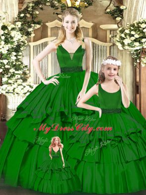 Green V-neck Neckline Beading and Ruffled Layers Vestidos de Quinceanera Sleeveless Zipper