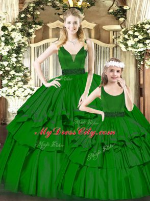 Green V-neck Neckline Beading and Ruffled Layers Vestidos de Quinceanera Sleeveless Zipper